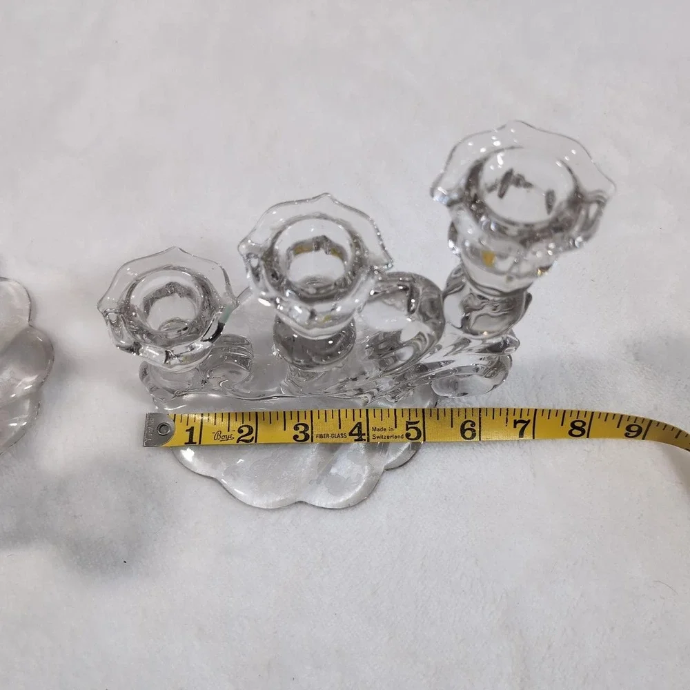 Vintage Cambridge Rose‎ Point Glass Candelabra Pair 3 Tier Etched Candlesticks